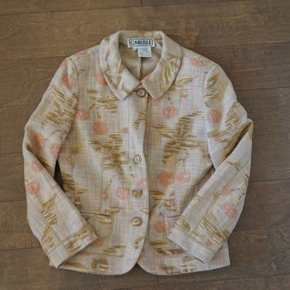 Vtg Carlisle Long Sleeve Collared Cherry Blazer Cream Womens Size 6